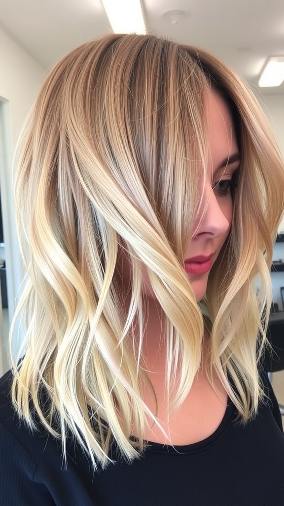 A model with a butterfly haircut featuring layered, soft hair in a bright salon.